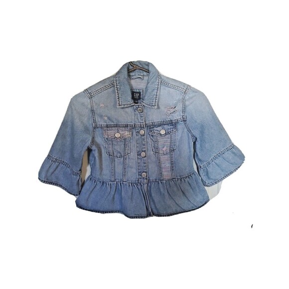 Gap Girls Denim Jacket Sz 4 Button Close Lightweight Distressed Peplum Hem Pocke - Picture 1 of 10
